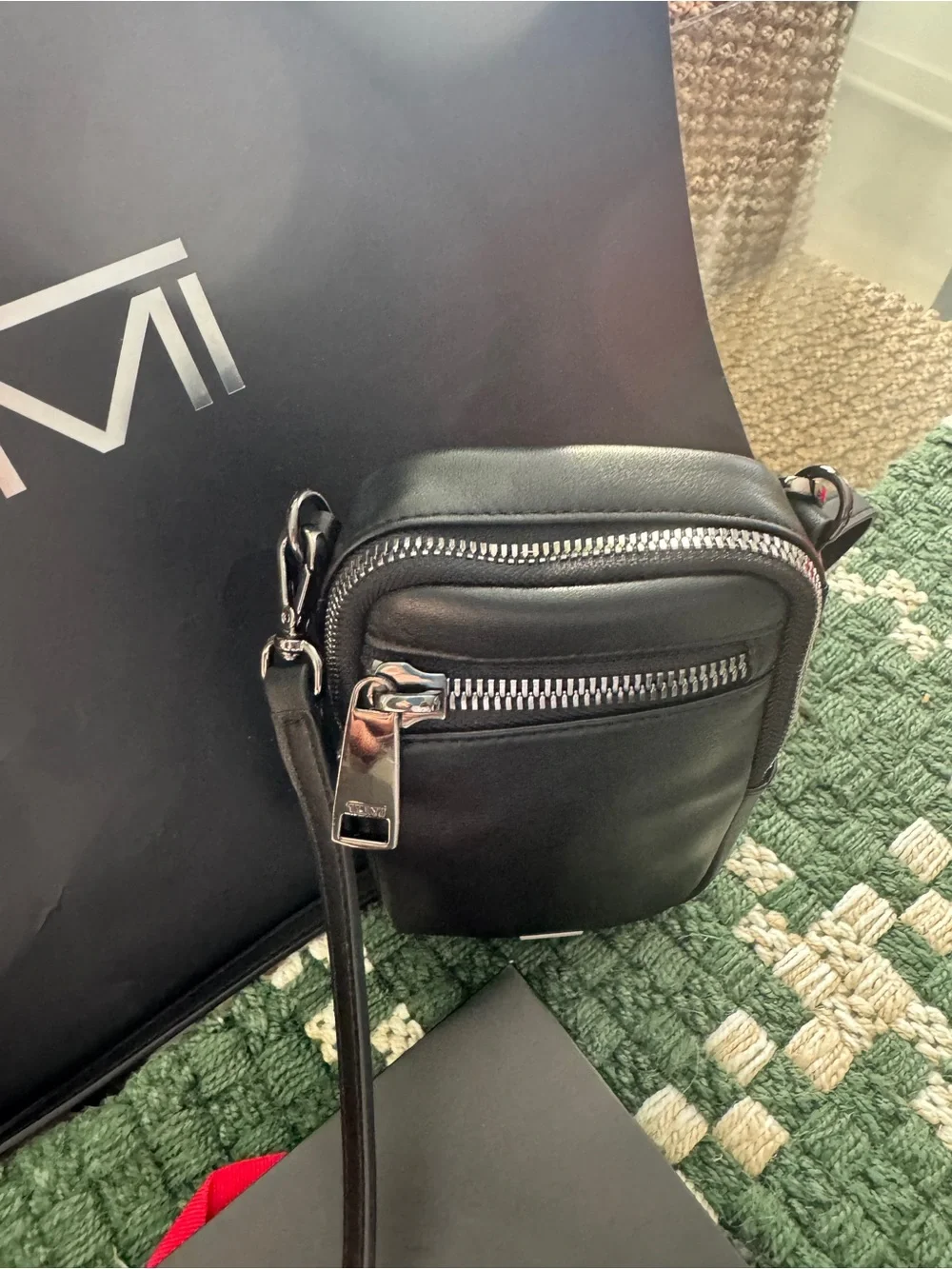 Tumi Black Leather Small Crossbody Phone Pouch